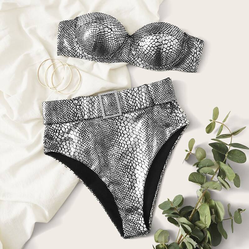 

Metallic Croc High Waist Bikini Swimsuit, Grey