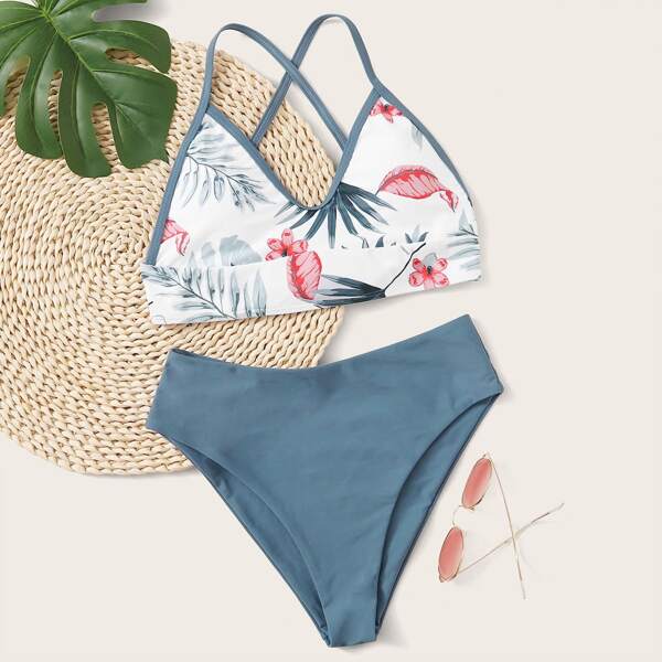 

Tropical Tie Back High Waisted Bikini Swimsuit, Multicolor