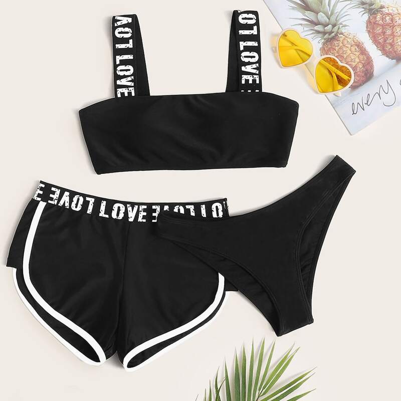 

3pack Letter Graphic Shorts Co-ord Bikini Swimsuit, Black