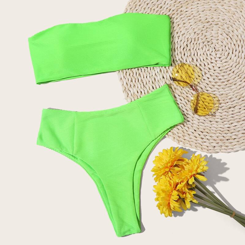 

Neon Green Bandeau High Waisted Bikini Swimsuit, Bright lime green