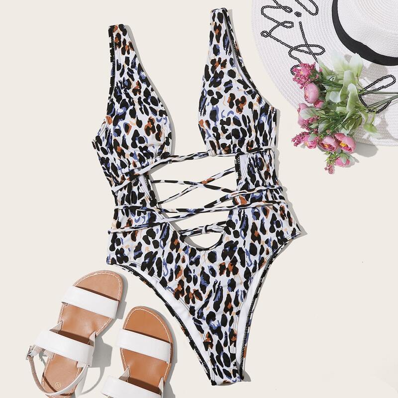 

Leopard Cut-out Tie Front One Piece Swimsuit, Multicolor