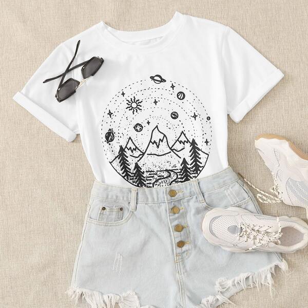 

Galaxy & Plants Print Tee, White