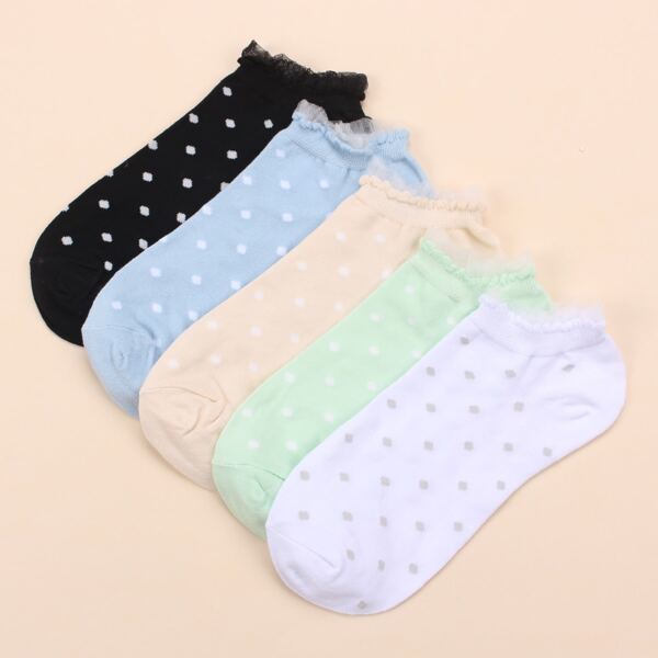 

5pairs Polka Dot Pattern Lace Trim Socks, Multicolor