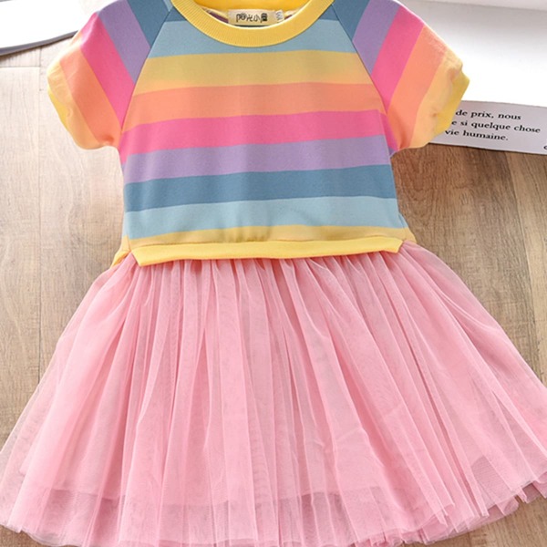 

Полосатое контрастное платье с сетчатой вставкой для девочек, Многоцветный