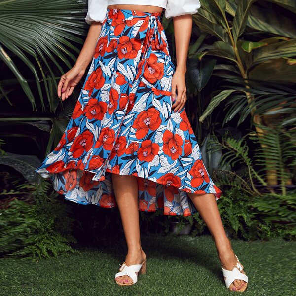 

Floral Print Belted Wrap Skirt, Multicolor