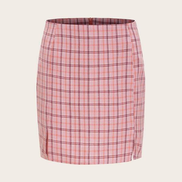 

Plus Plaid Zip Back Straight Skirt, Pink