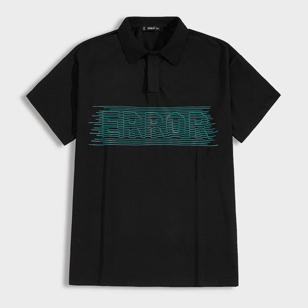 

Men Letter and Striped Polo Shirt, Black