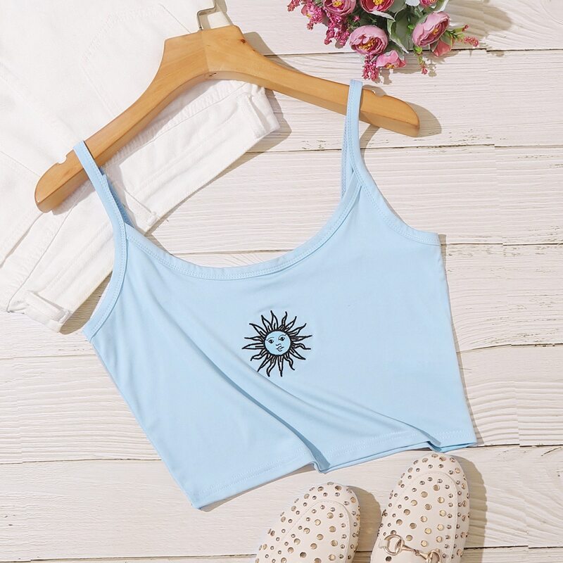 

Sun Embroidery Blue Crop Cami