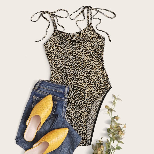 

Knotted Shoulder High Cut Leopard Bodysuit, Multicolor