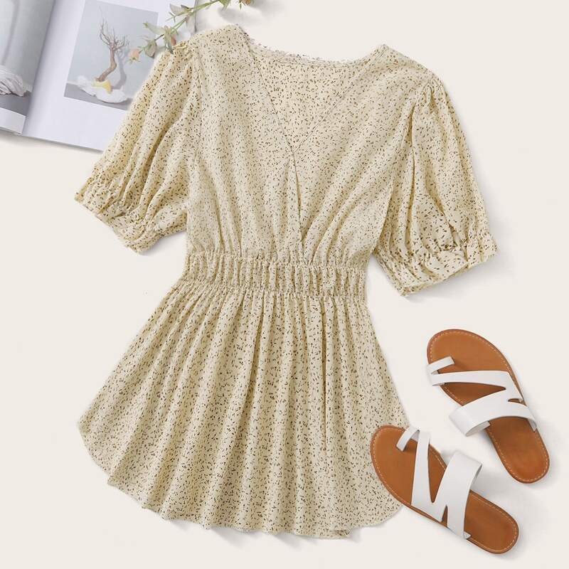 

Puff Sleeve Allover Print Peplum Blouse, Beige