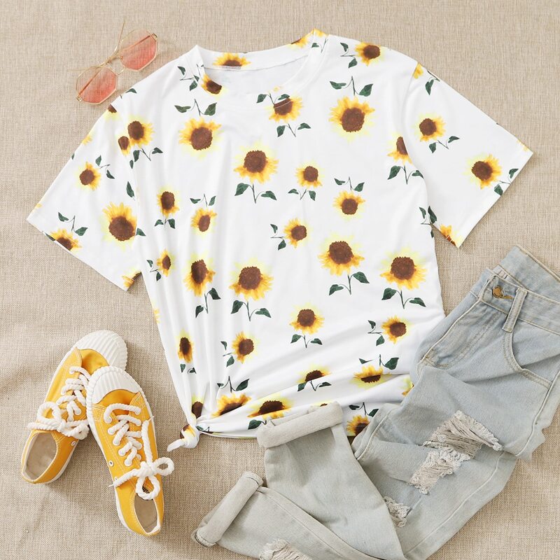 

Sunflower Print Round Neck Tee, Multicolor