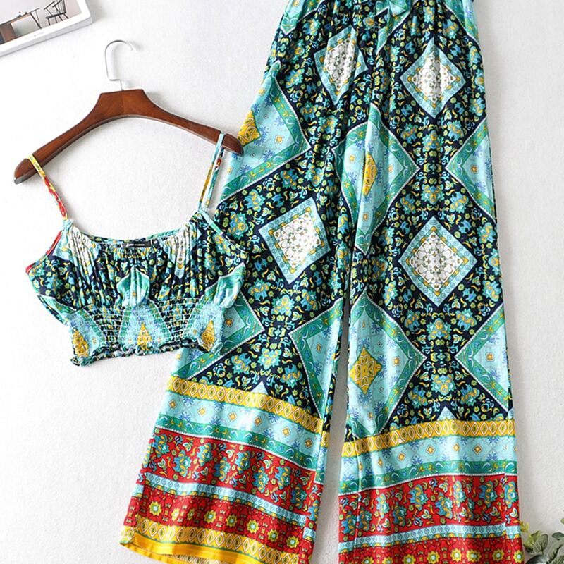

Tribal Print Shirred Cami Top & Belted Pants, Multicolor