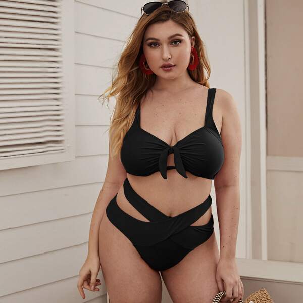 

Plus Knot Front High Waisted Bikini Swimsuit, Black