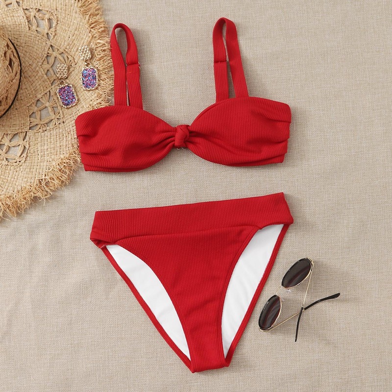 

Rib Knot High Waisted Bikini Swimsuit, Red