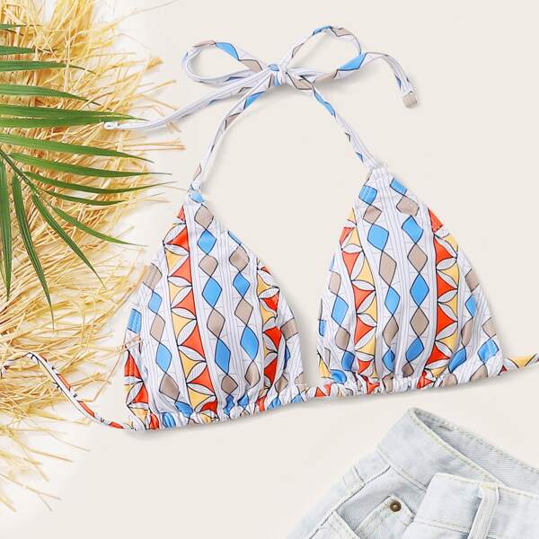 

Geo Print Halter Triangle Bikini Top, Multicolor