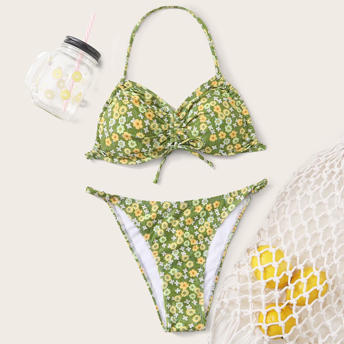 

Ditsy Floral Drawstring Halter Bikini Swimsuit, Multicolor
