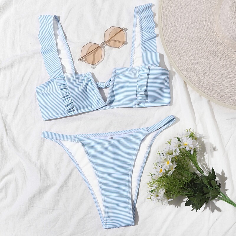 

Striped V Wired Ruffle Tanga Bikini Swimsuit, Blue