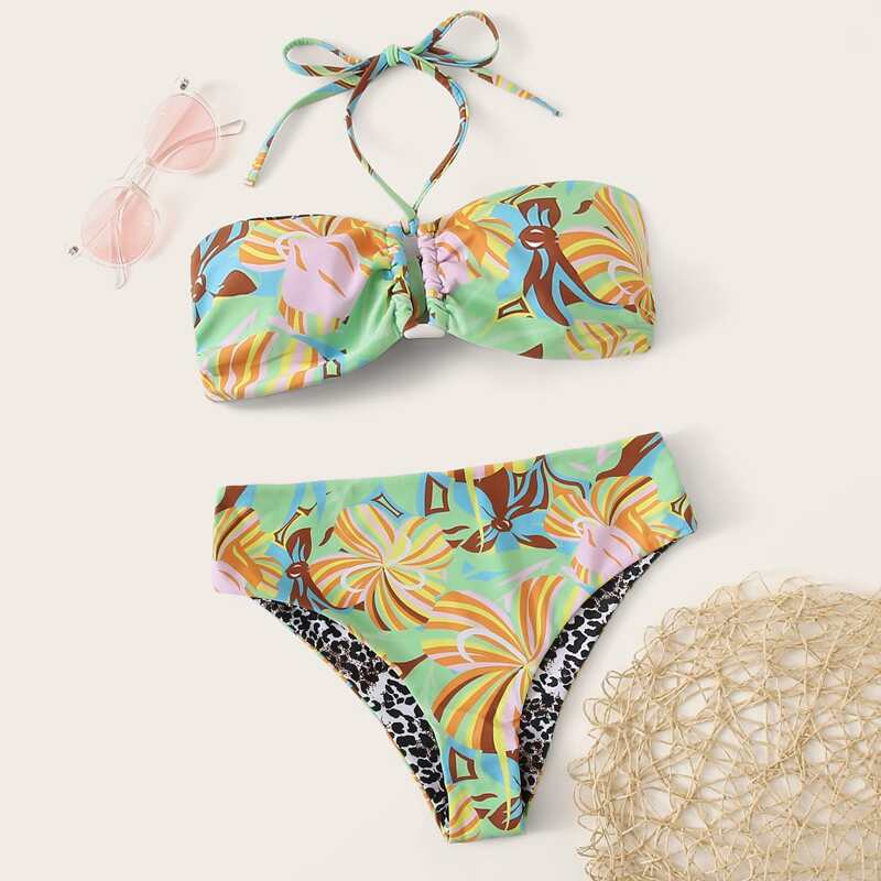 

Floral Halter Bandeau High Waisted Bikini Swimsuit, Multicolor