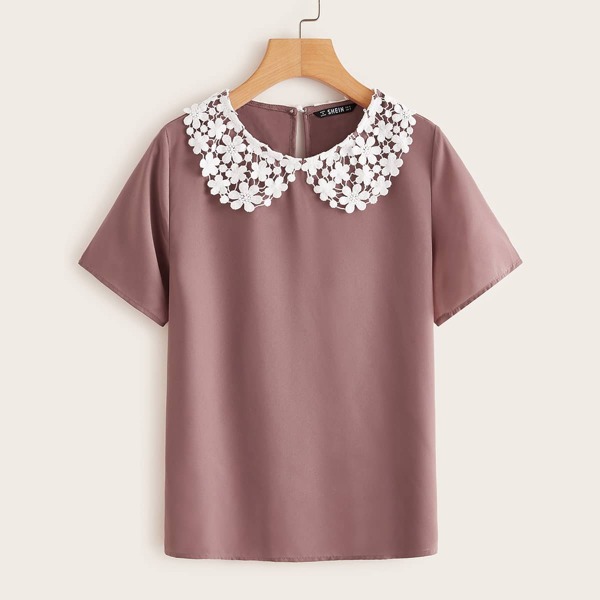 

Guipure Lace Peter-pan-collar Top, Redwood