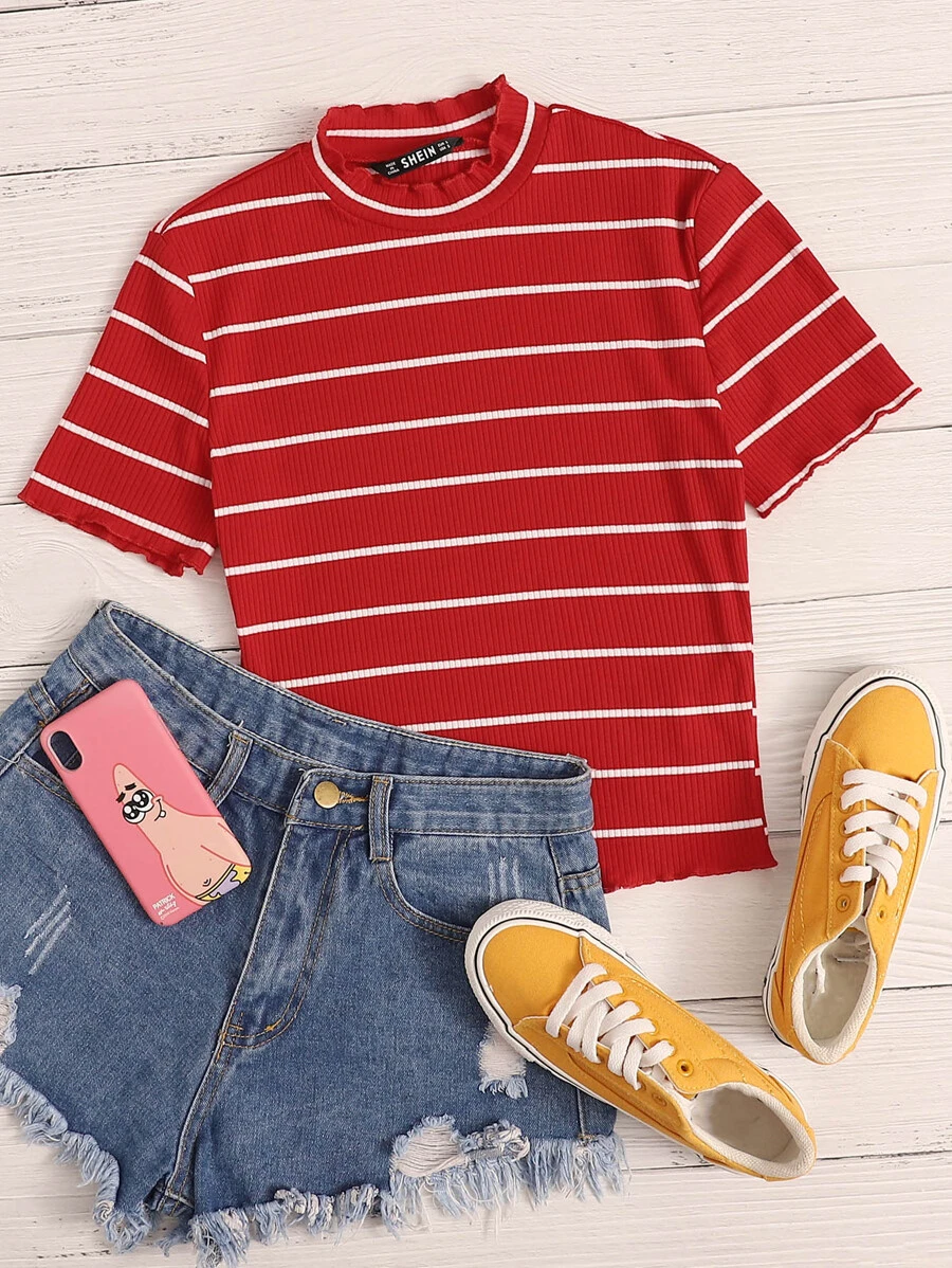 SHEIN EZwear 生菜邊羅紋針織條紋上衣 - 紅色 - 查看 1