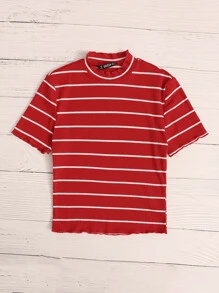 SHEIN EZwear 生菜邊羅紋針織條紋上衣 - 紅色 - 查看 4