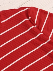 SHEIN EZwear 生菜邊羅紋針織條紋上衣 - 紅色 - 查看 5