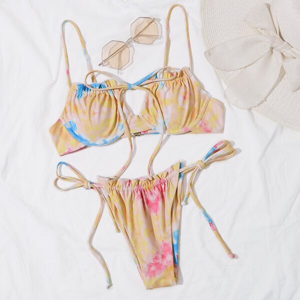 

Tie Dye Frill Underwire Tie Side Bikini Swimsuit, Multicolor