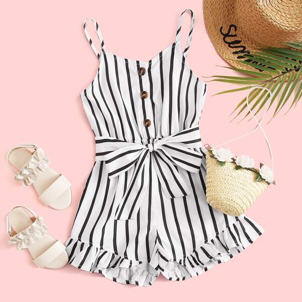 

Girls Button Front Ruffle Hem Self Belted Cami Romper, Black and white