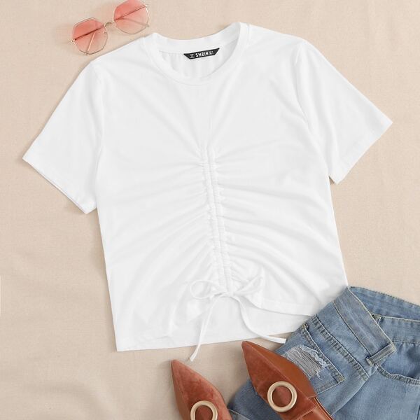 

Ruched Drawstring Front Top, White