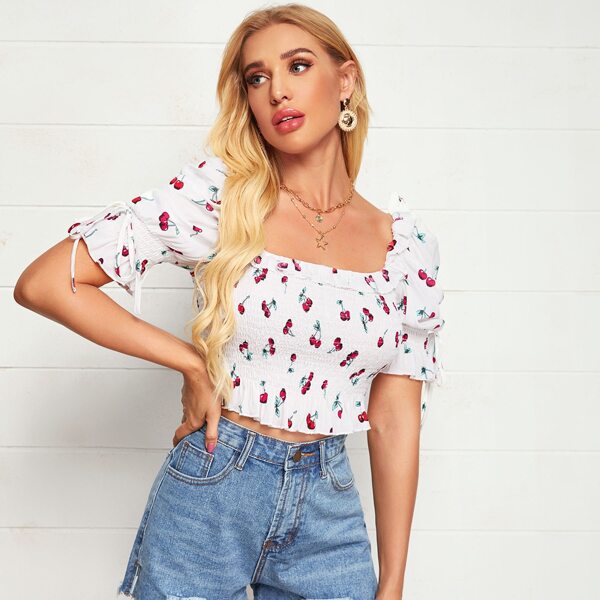 

Knotted Cuff Shirred Cherry Print Peplum Top, White