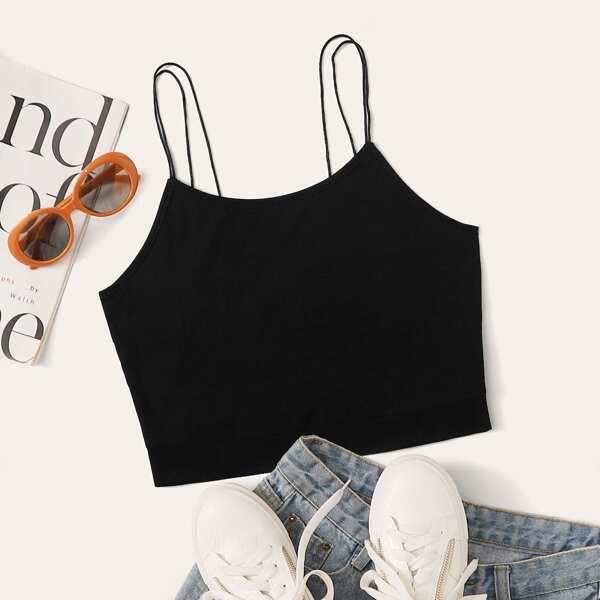 

Plus Double Straps Solid Crop Cami Top, Black