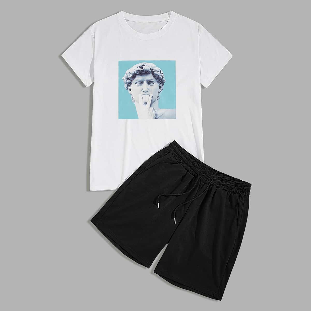 

Guys Statue Print Tee & Drawstring Track Shorts, Black and white