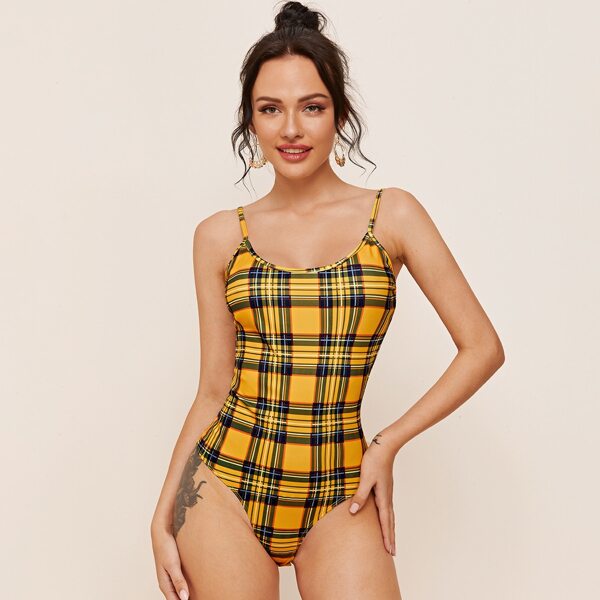

Tartan Print Cami Bodysuit, Yellow
