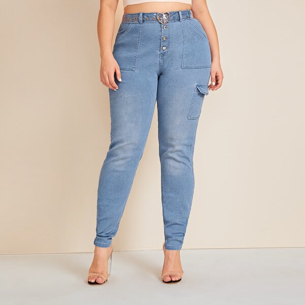 

Plus Flap Pocket Tapered Jeans Without Belted, Blue pastel