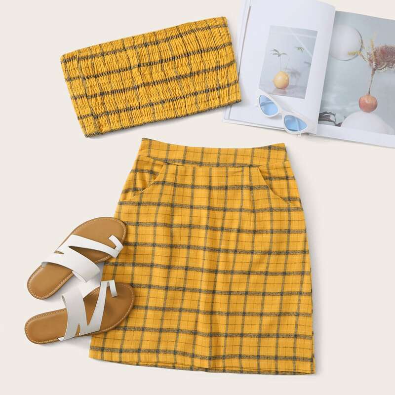 

Plaid Shirred Tube Top With Skirt, Yellow