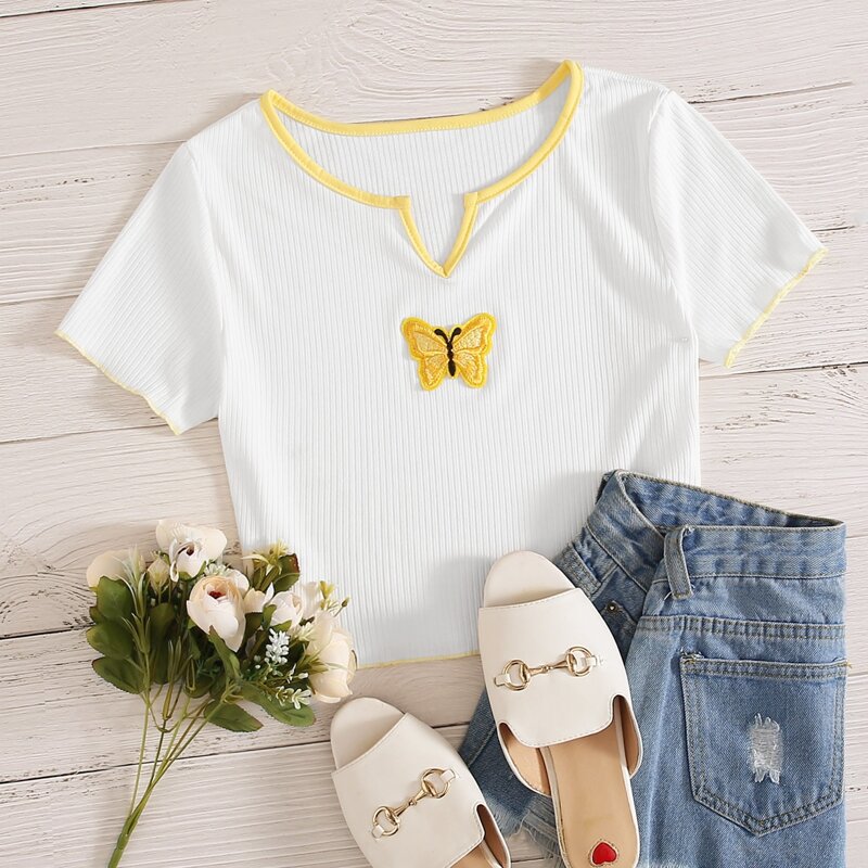 

Butterfly Embroidery Crop Tee, White