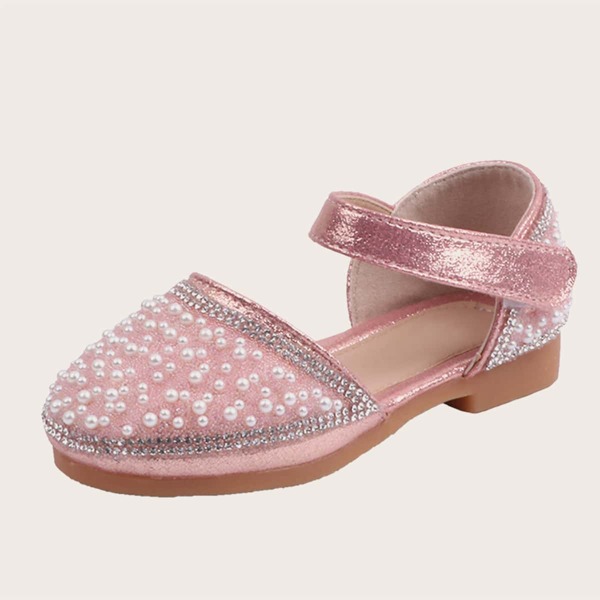 

Girls Faux Pearl Decor Ankle Strap Flats, Pink