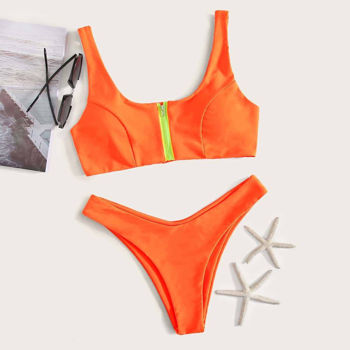

Zipper Front High Cut Bikini Swimsuit, Orange
