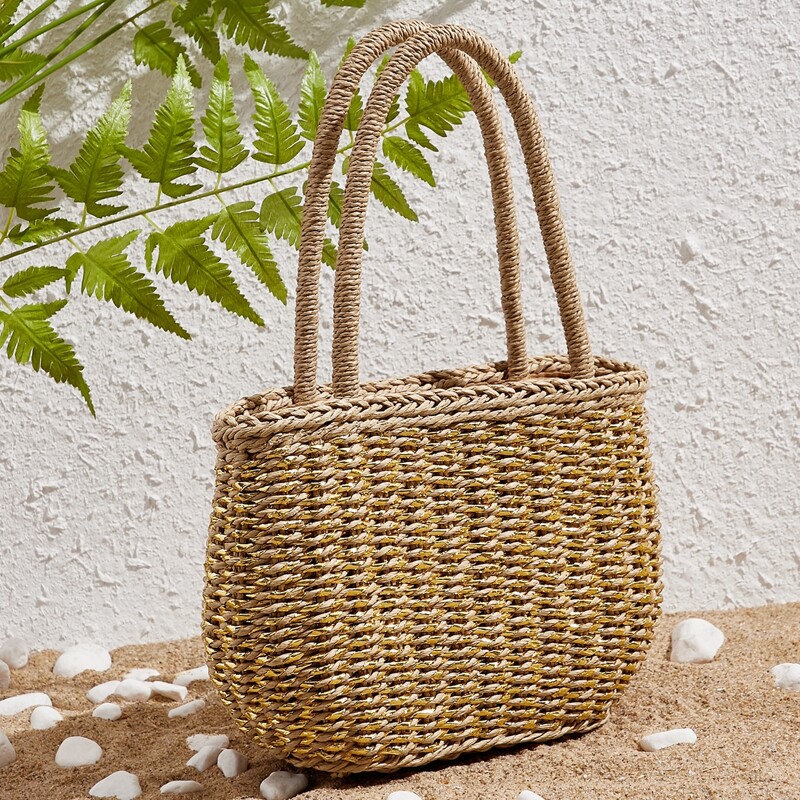 

Woven Tote Bag With Double Handle, Khaki