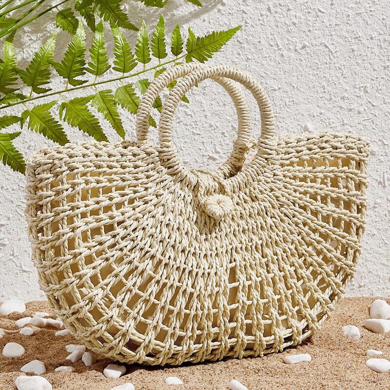 

Woven Tote Bag With Ring Handle, Khaki