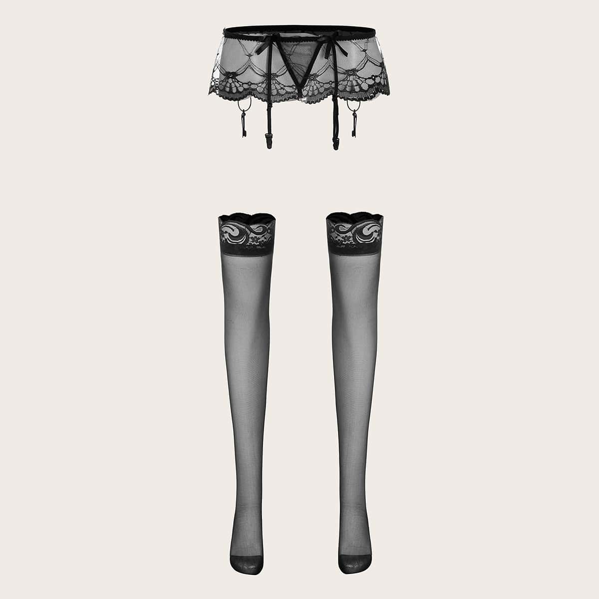 

Floral Lace Garter Thong With Stockings, Black