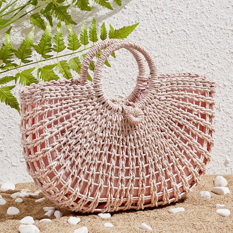 

Woven Tote Bag With Ring Handle, Pink