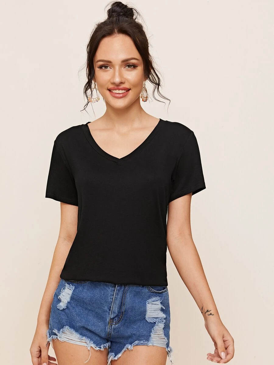 SHEIN Camiseta unicolor escote V - Negro - Ver 1