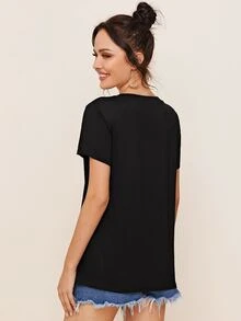 SHEIN Camiseta unicolor escote V - Negro - Ver 2