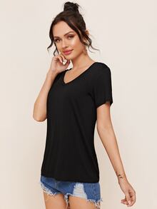 SHEIN Camiseta unicolor escote V - Negro - Ver 3