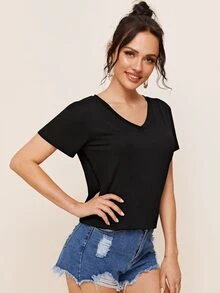 SHEIN Camiseta unicolor escote V - Negro - Ver 5