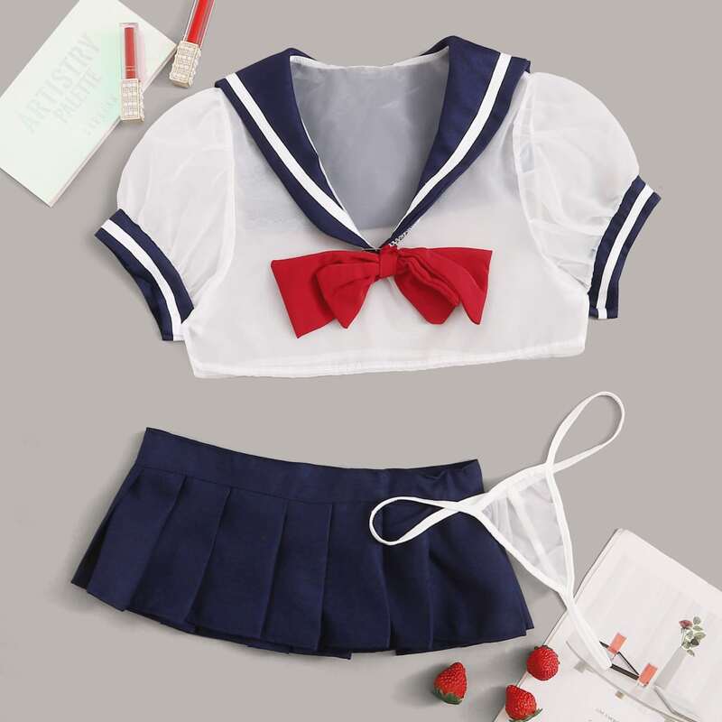 

Pleated Uniform Sexy Set With Thong, Multicolor