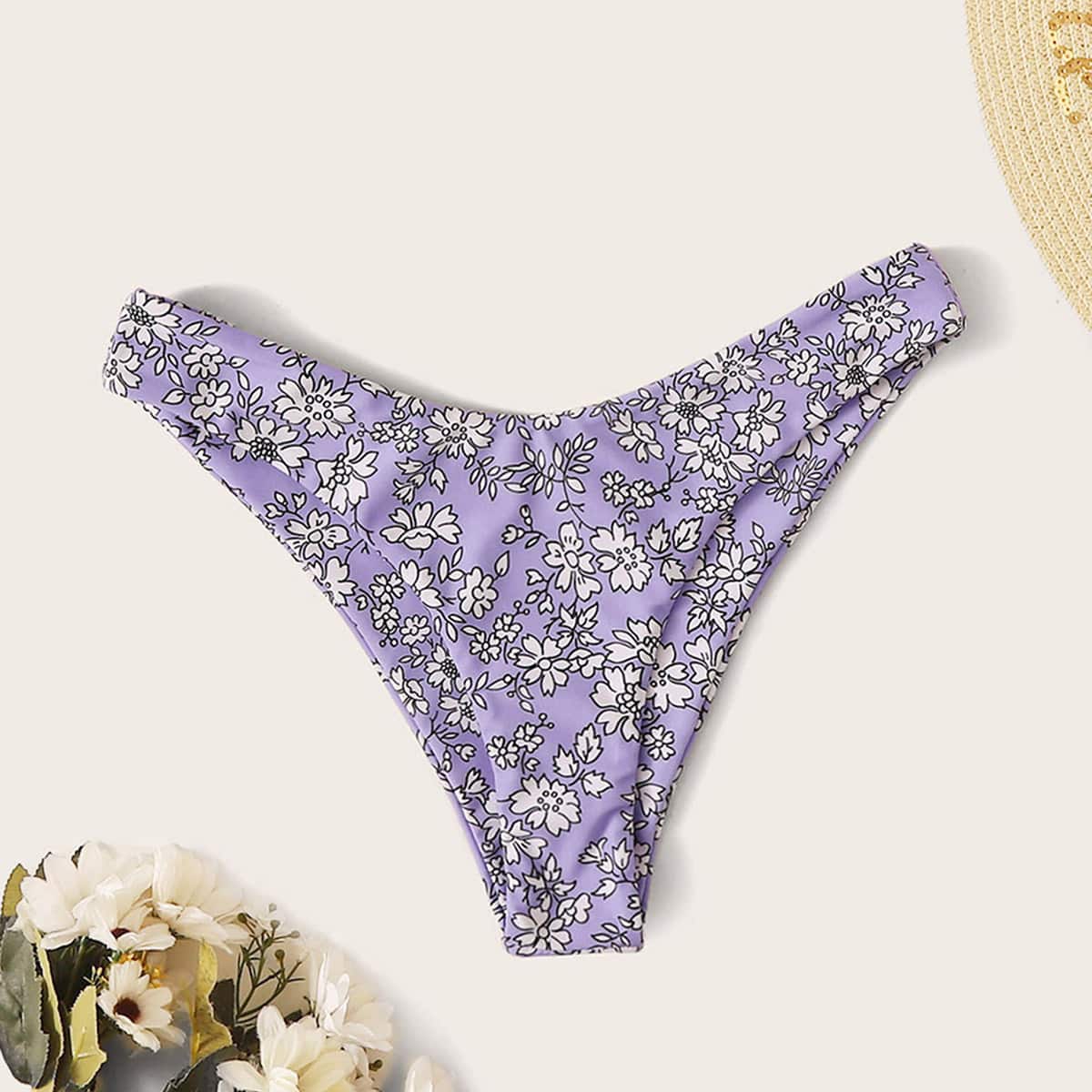 

Floral High Cut Bikini Panty, Purple