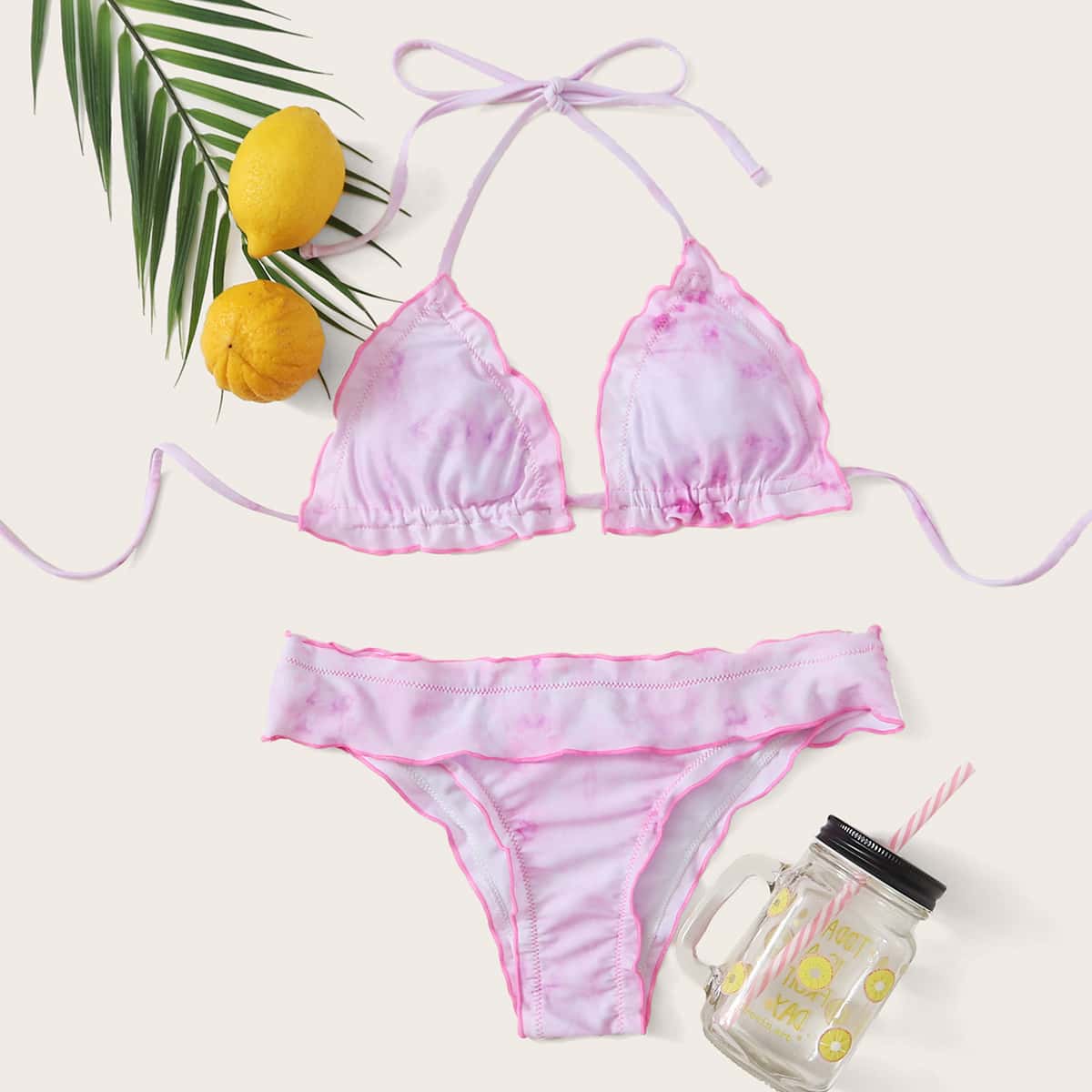 

Tie Dye Ruffle Triangle Bikini Swimsuit, Pink