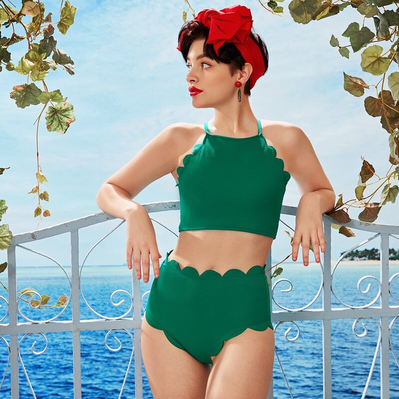 

Scallop Trim High Waisted Bikini Swimsuit, Green